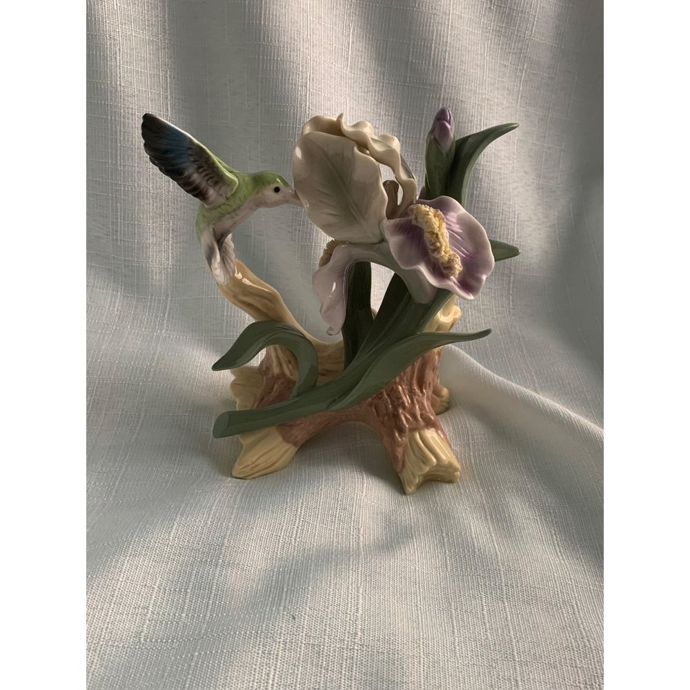 Hand-Painted Porcelain Hummingbird & Iris Figurine On Wood-Like Base
